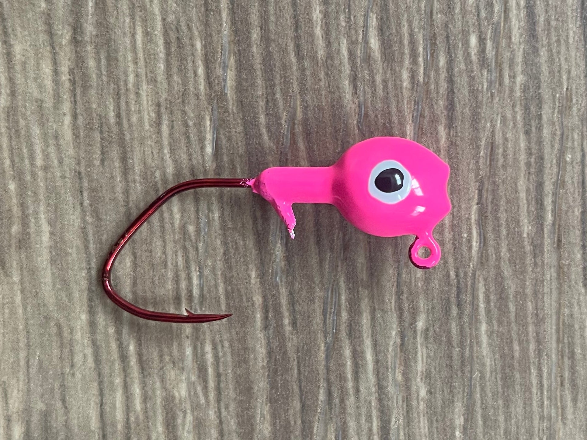 Close-up of walleye style jig included in kit